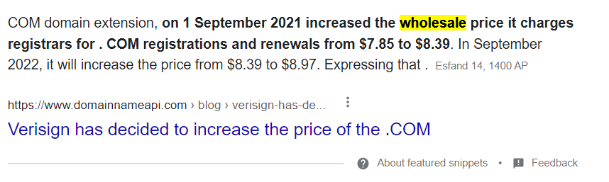 شرکت Verisign قیمت تمدید دامنه COM را افزایش می دهد.